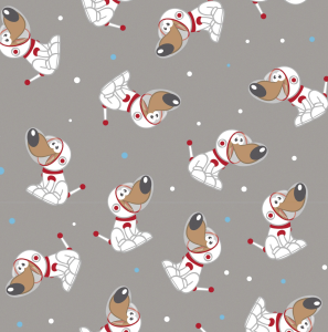 DZIANINA JERSEY - PIESKI W KOSMOSIE NA SZARYM TLE, KOSMONAUCI, PSY, PSIAKI