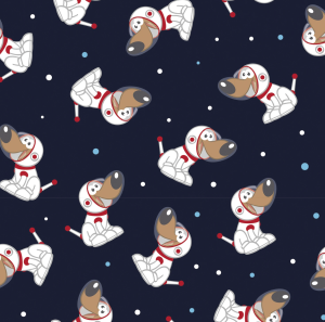 DZIANINA JERSEY - PIESKI W KOSMOSIE NA GRANATOWYM TLE, NAVY, KOSMONAUCI, PSY, PSIAKI